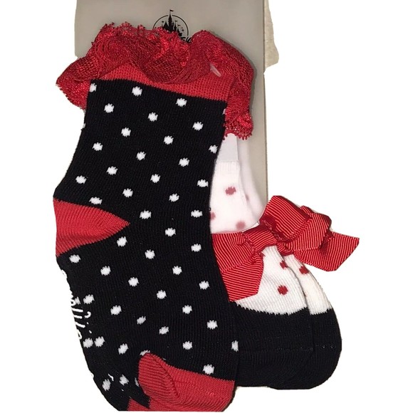 Disney Parks Minnie Mouse Red Bow Ruffles Infant Socks 6-18 Months 2 pr No Slip - Picture 1 of 2